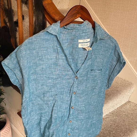 Rachel Zoe Pure Linen Teal Boxy Button-Up Beach Top - Picture 2 of 9